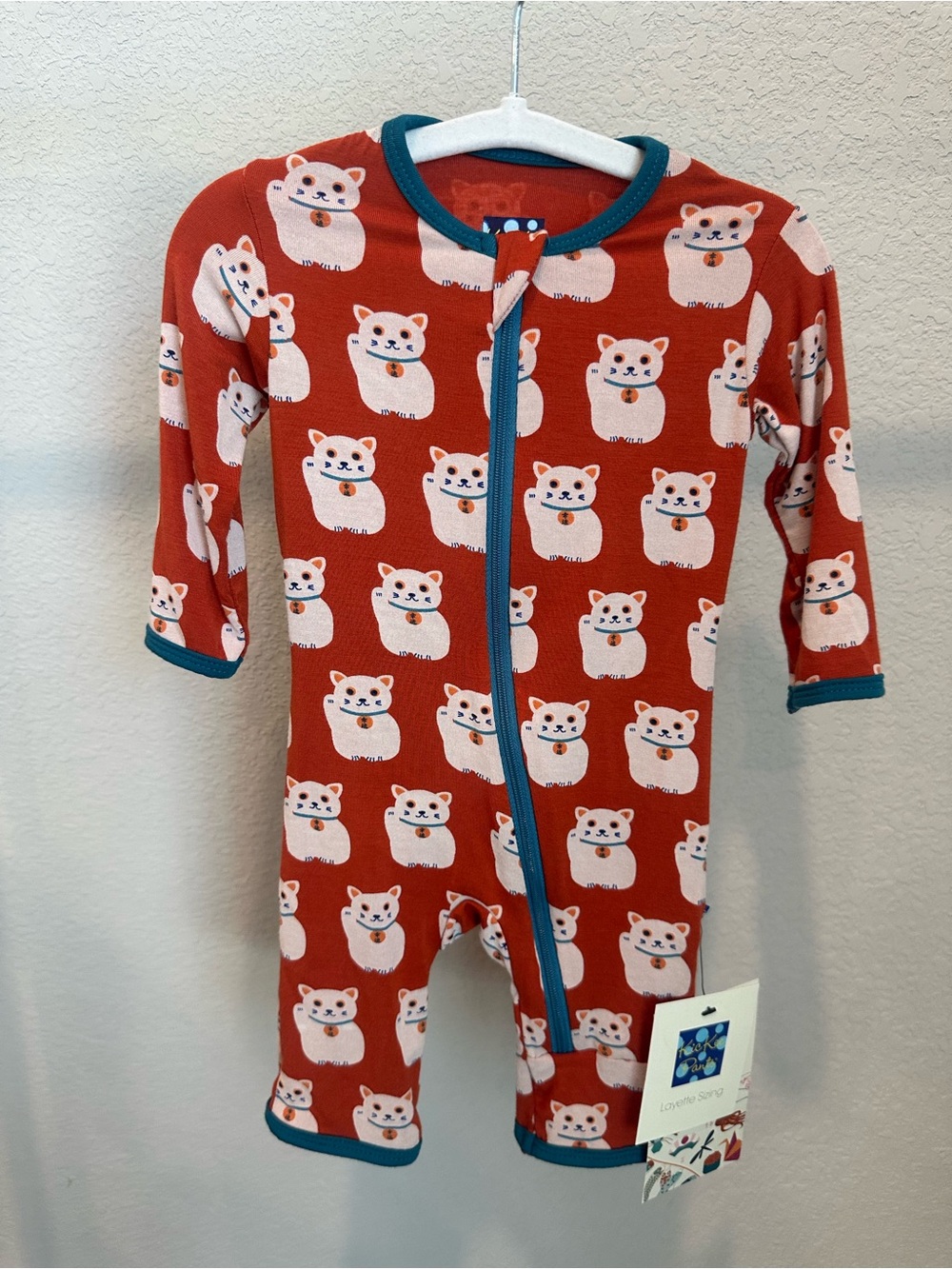 Kickee Pants NWT viscose from bamboo Red Cat Print One-Piece with Teal Trim